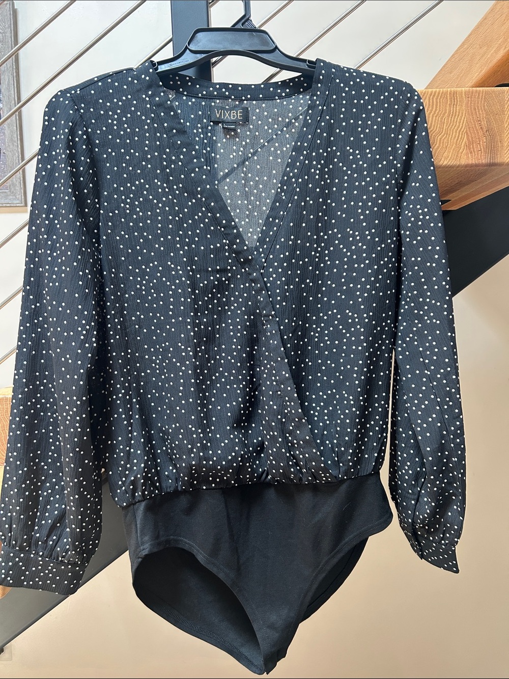 Vixbe Black Polka Dot Wrap-Front Long-Sleeve Bodysuit
